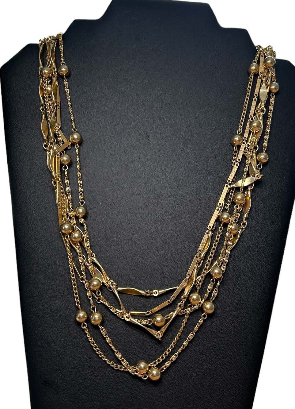 Unbranded Six Strand Gold Tone Necklace, Bars, Balls and Chains EUC